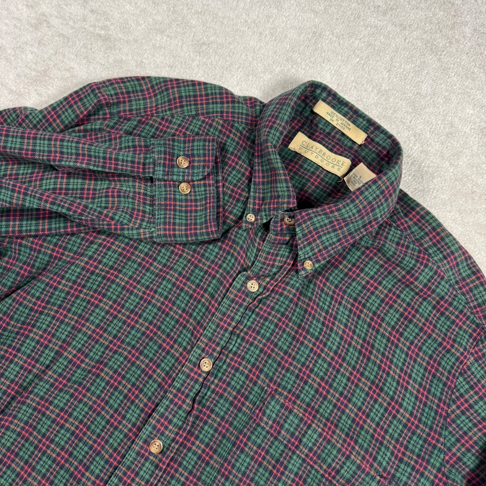 Claybrooke Outdoors‎ Button Down Mens Large Green Red Plaid Cotton Flannel Shirt